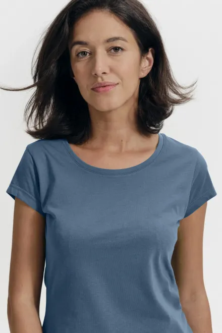 Ženska tanka majica kratkog kroja s okruglim izrezom, denim