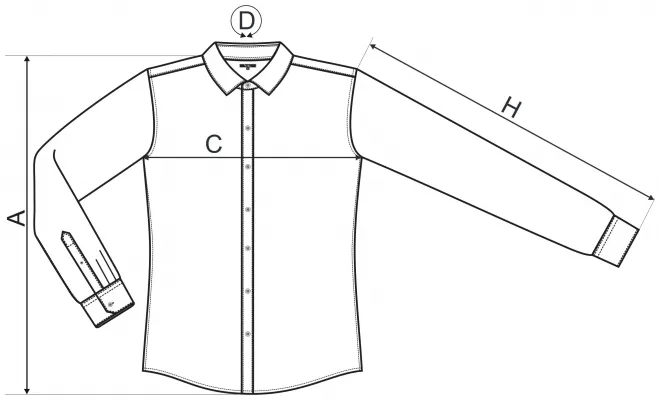Muška košulja dugih rukava Slim fit - tablica dimenzija