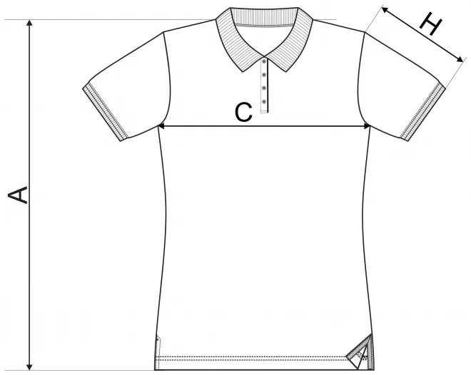 Ženska polo majica s ovratnikom gore - tablica dimenzija